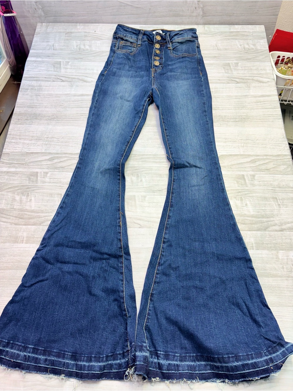 Rue21 Dark Blue High-Rise Flare Jeans with Button Front Raw Hem size 4